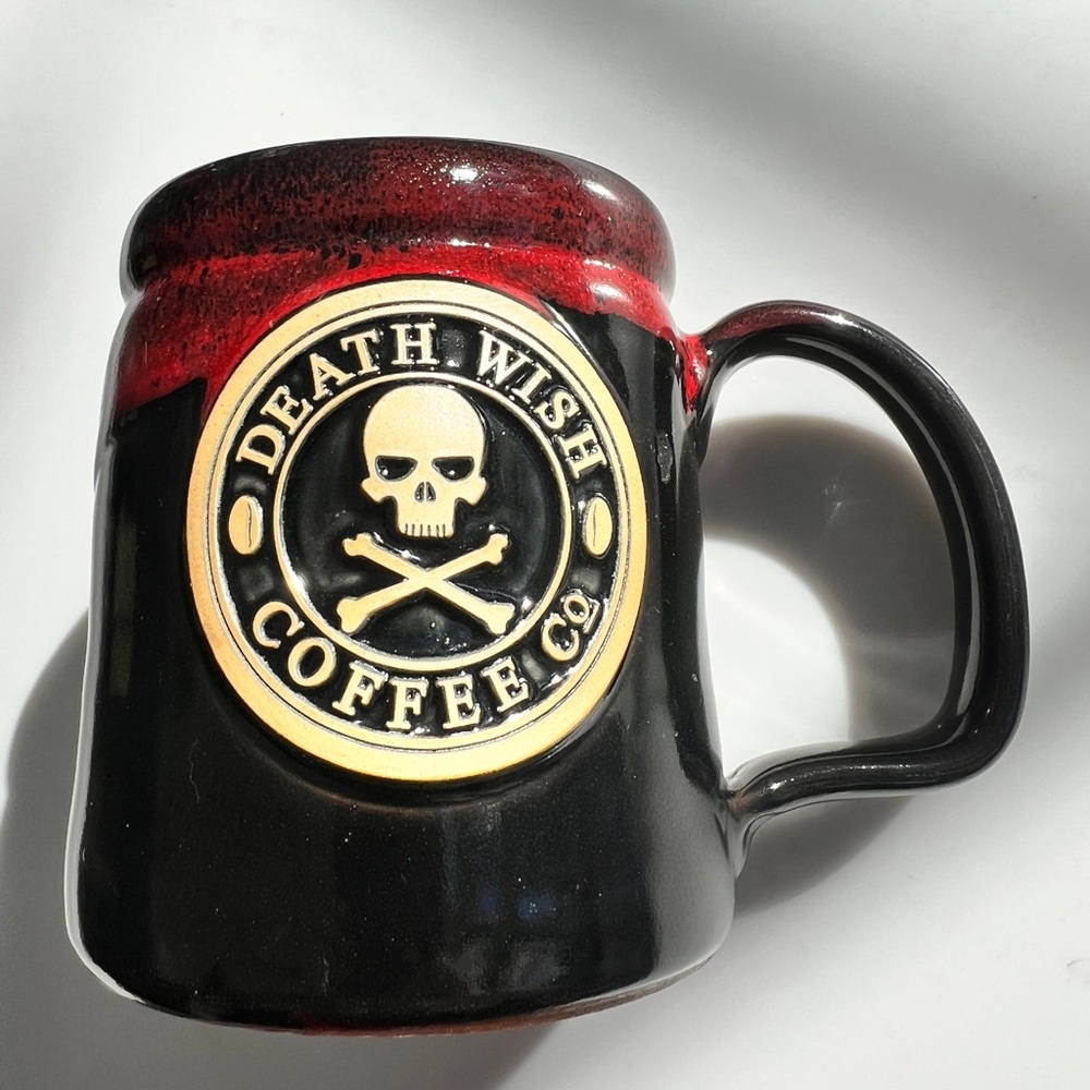 Death Wish Coffee mug skull crossbones black red drip glaze 2014 First Year